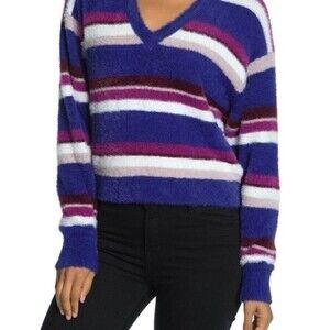 SPLENDID V Neck Eyelash Fuzzy Purple Striped Sweater  ~ L